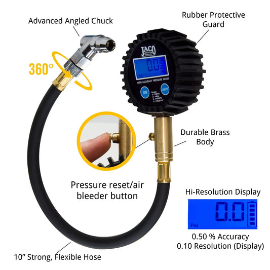 ElitePro Digital Tire Pressure Gauge 200 PSI by JACO with 360° swivel chuck and brass body on Tampa Home & Garden Store