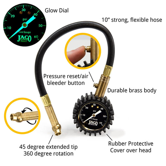 JACO ElitePro Tire Pressure Gauge 60 PSI glow dial and 10 in hose on Tampa Home & Garden Store