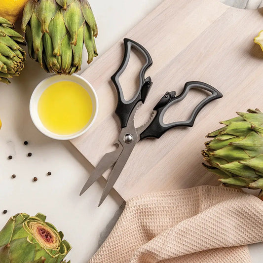 Elizabat kitchen scissors by Ototo with bat-shaped black/gray handles and stainless blades on Tampa Home & Garden Store