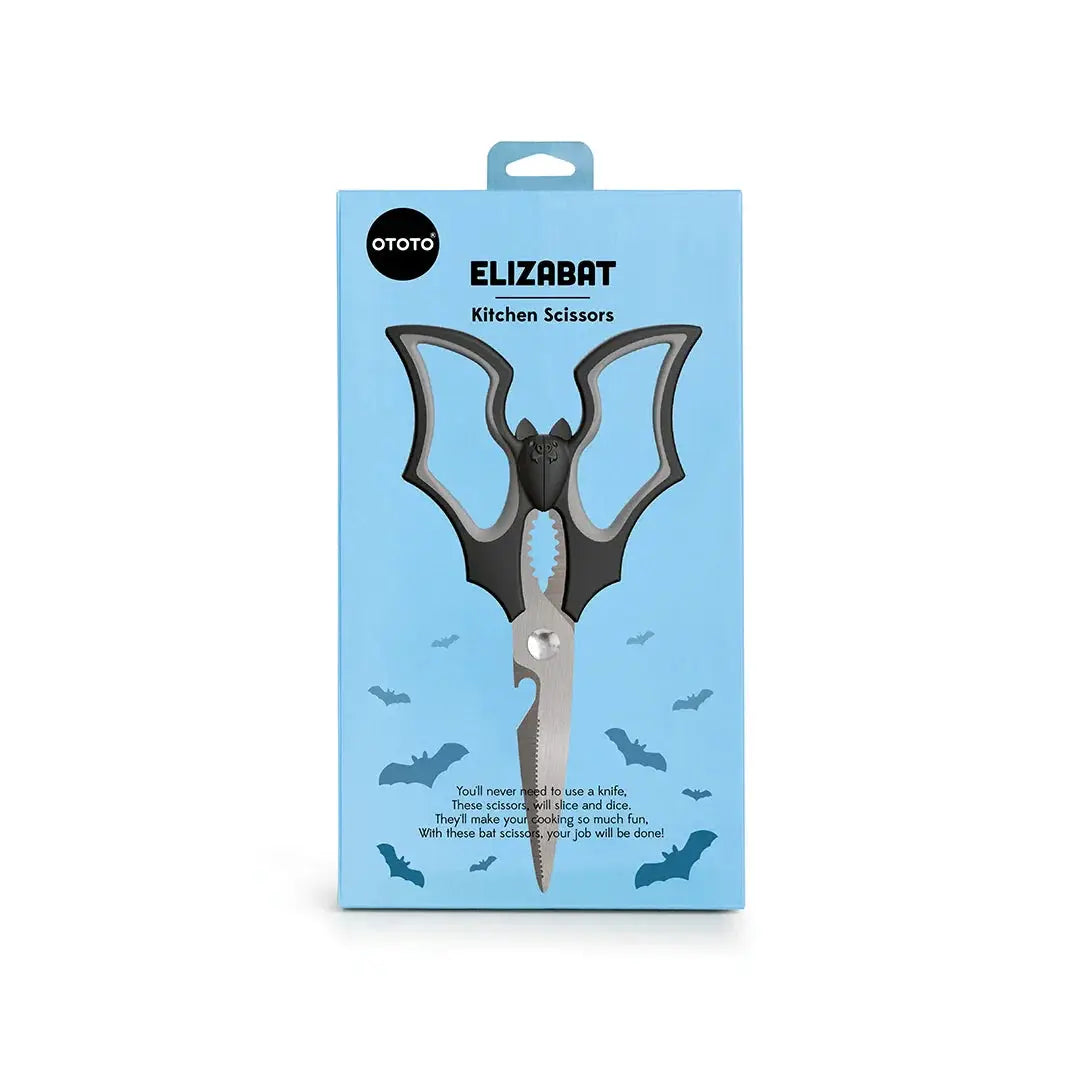 Elizabat kitchen scissors by OTOTO DESIGN with bat-shaped black and gray handles on blue box on Tampa Home & Garden Store