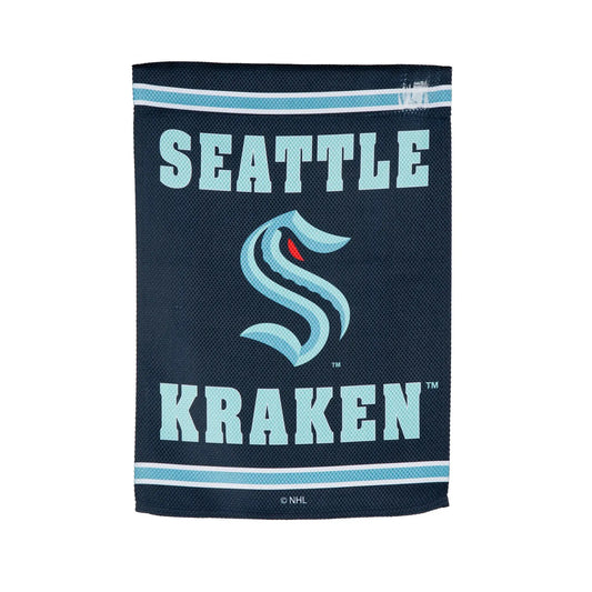 Embossed Suede Flag Seattle Kraken GDN size with navy background and teal lettering on Tampa Home & Garden Store