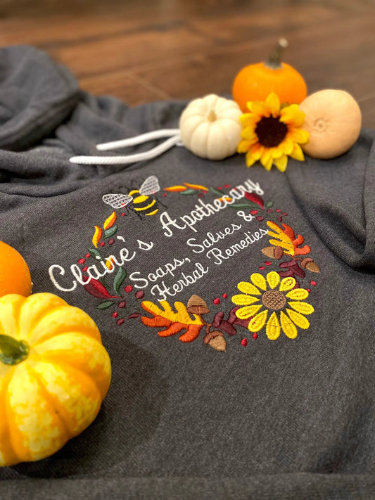 Unisex embroidered fall wreath sweatshirt in dark gray with sunflower motif by Thistle & Stitch on Tampa Home & Garden Store