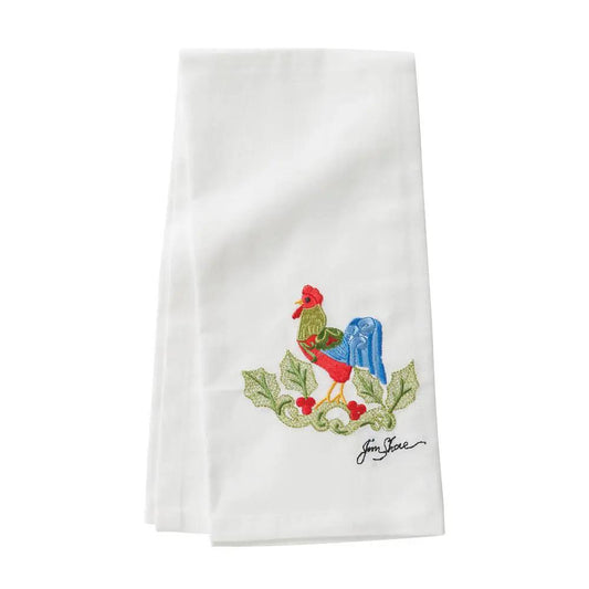 Embroidered Tea Towel Christmas Rooster white linen with holly and Jim Shore on Tampa Home & Garden Store