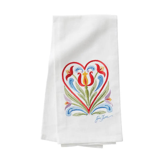 Embroidered heart tea towel by Jim Shore, white linen with colorful floral heart motif on Tampa Home & Garden Store