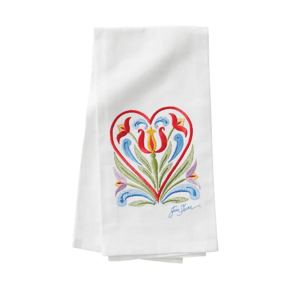 Embroidered heart tea towel by Jim Shore, white linen with colorful floral heart motif on Tampa Home & Garden Store