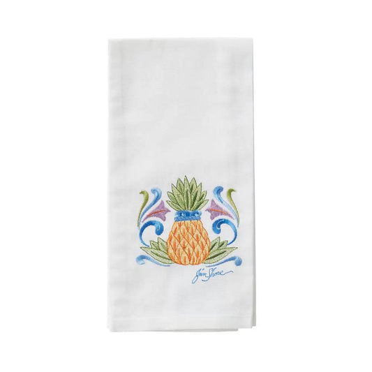 Embroidered pineapple cotton tea towel with white background and colorful motif on Tampa Home & Garden Store