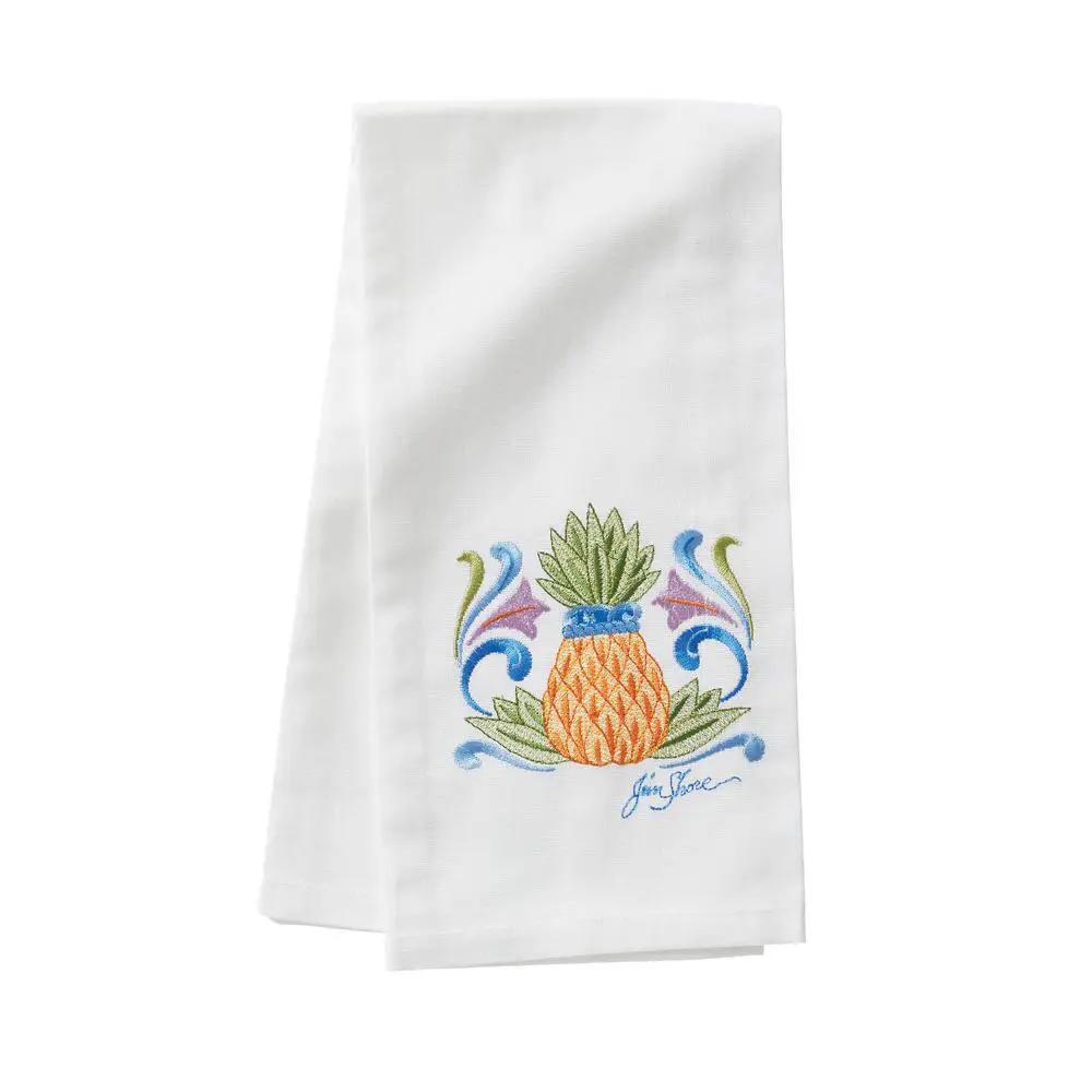 Embroidered pineapple cotton tea towel The Country Christmas Loft white kitchen towel on Tampa Home & Garden Store