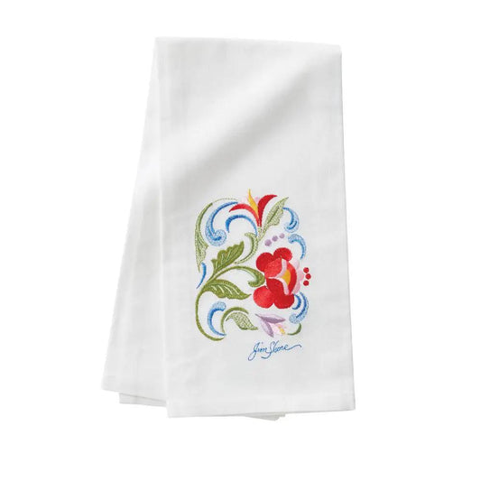 Embroidered cotton tea towel Roses Jim Shore by The Country Christmas Loft white on Tampa Home & Garden Store