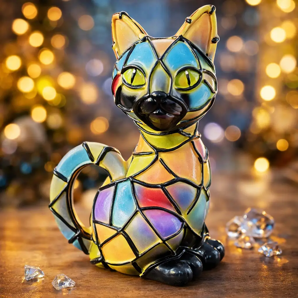 Tiffany-style black cat table lamp with colorful mosaic panels on a wooden surface on Tampa Home & Garden Store