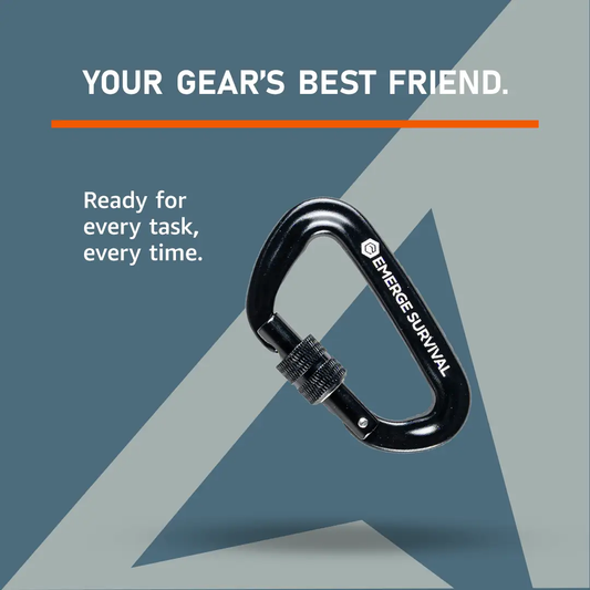 Emerge Carabiner by Emerge Survival, black aluminum with screw-lock for gear quick-access on Tampa Home & Garden Store