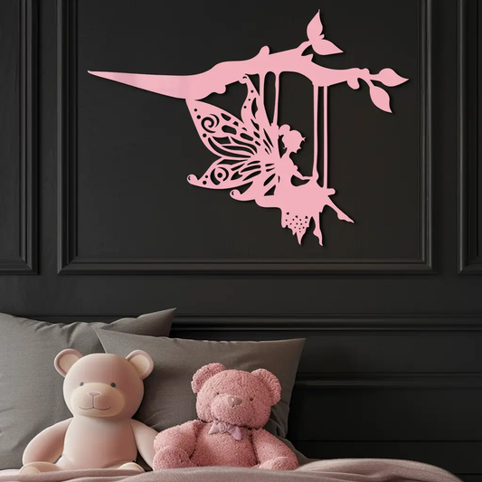 Enchanted Fairy on Swing metal wall art pink butterfly-wing silhouette by Enova Art on Tampa Home & Garden Store