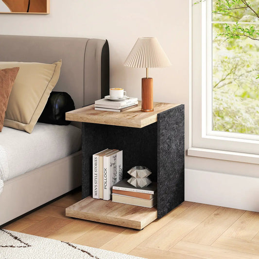 Oak End Table With Two-Tier Open Storage Shelf, natural oak top, black panel sides on Tampa Home & Garden Store