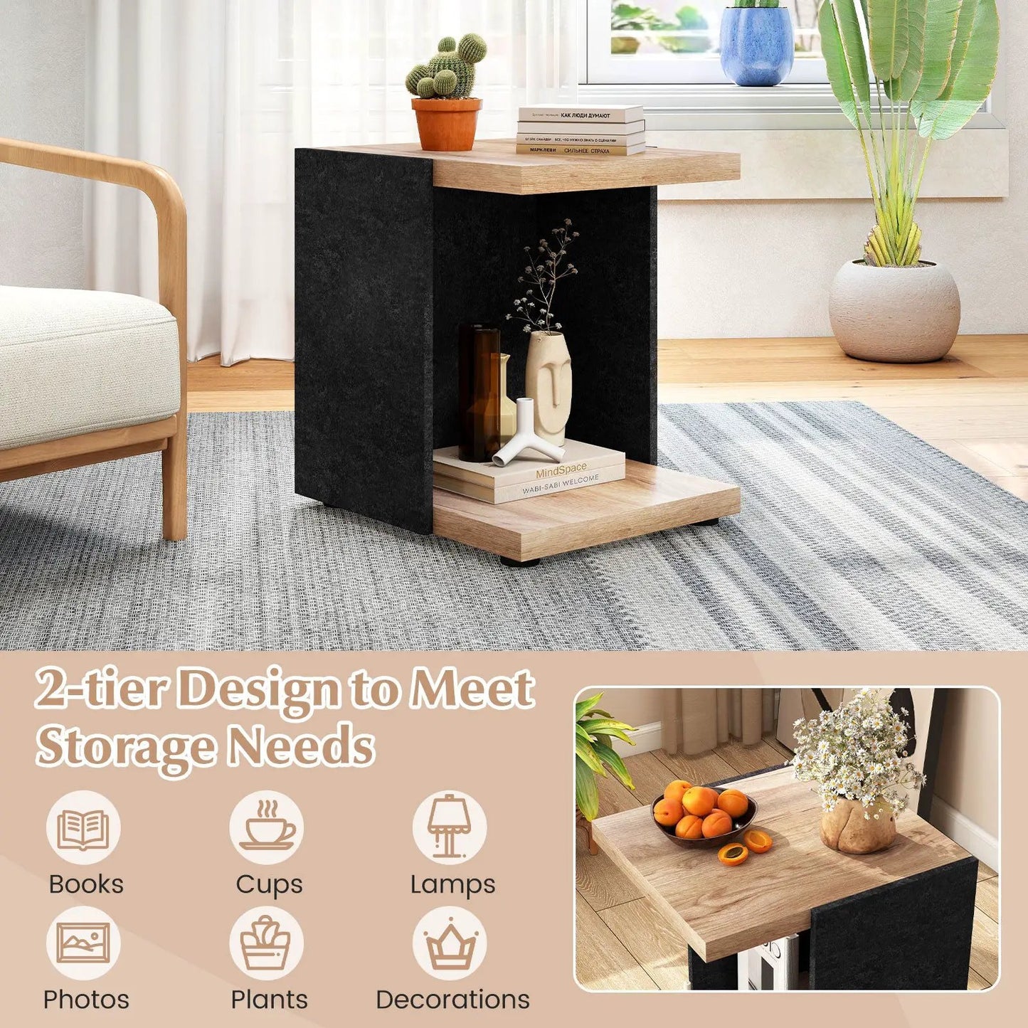 Oak End Table with Two-Tier Open Storage Shelf, oak top and black side panels, DirectDeals on Tampa Home & Garden Store