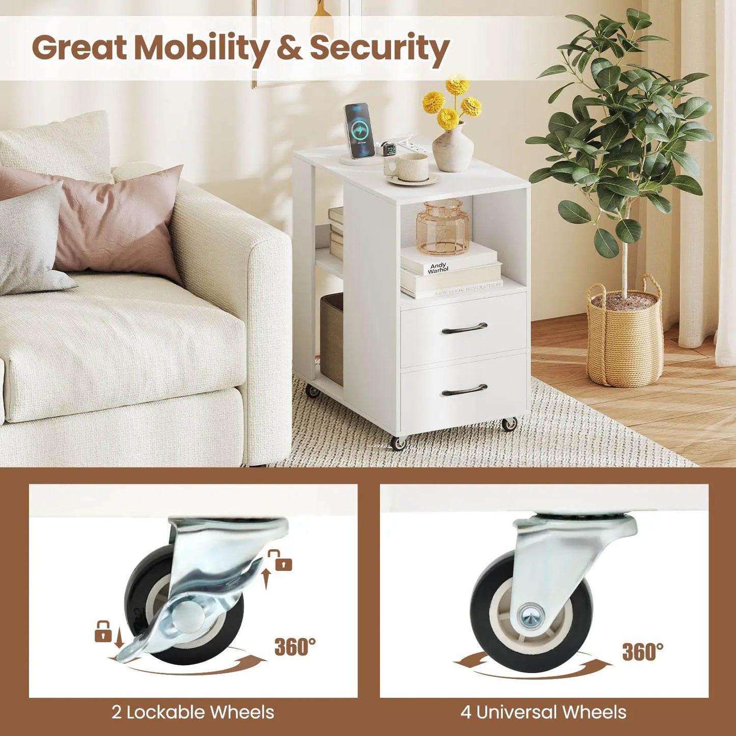 End Table with Built-In Charging Station, white finish, DirectDeals on caster wheels on Tampa Home & Garden Store