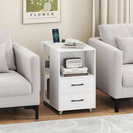 End Table with Built-In Charging Station on Wheels, white finish, two-drawer design on Tampa Home & Garden Store