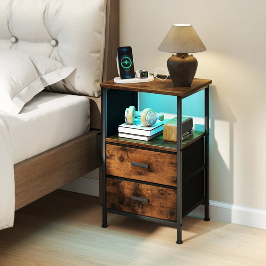 End table with charging station set of 2, wood top, black metal frame, 3-drawer bedside unit on Tampa Home & Garden Store