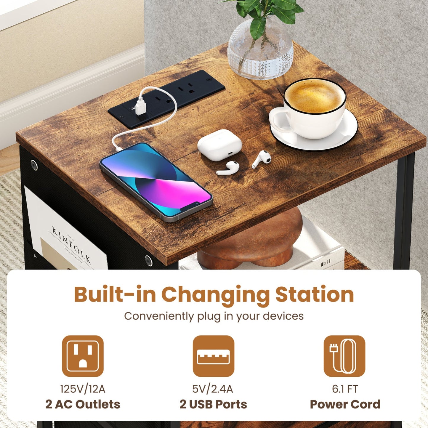 End Table With Built-in Charging Station set of 2 with wood top and black metal legs on Tampa Home & Garden Store