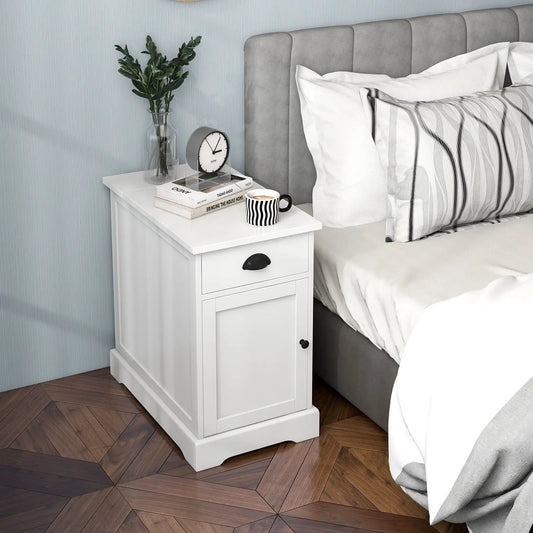 End Table with Charging Station and Flip Top, white with drawer beside bed, clock and mug on top on Tampa Home & Garden Store