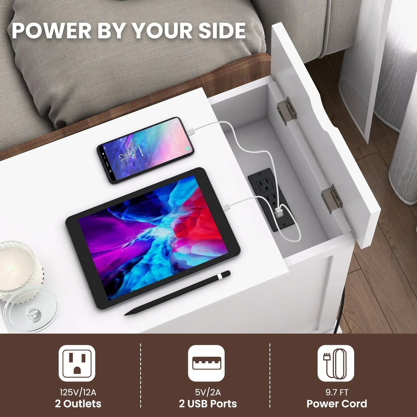 DirectDeals white end table with charging station, flip-top lid, USB ports and two outlets on Tampa Home & Garden Store