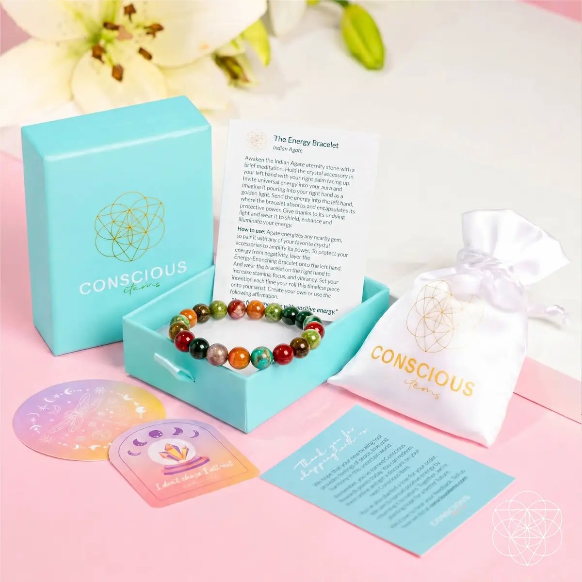 Energy bracelet with Indian Agate, multicolor gemstone beads by Conscious Items in turquoise box on Tampa Home & Garden Store