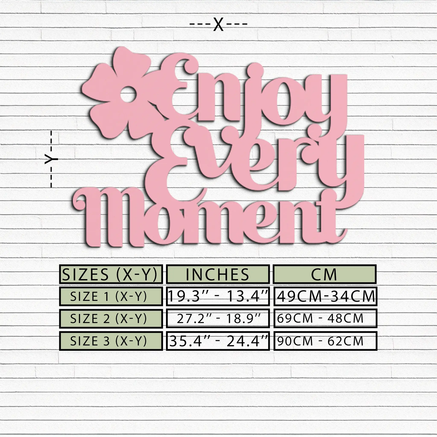 Enjoy Every Moment metal wall art quote pink script by Enova Art on white brick backdrop on Tampa Home & Garden Store