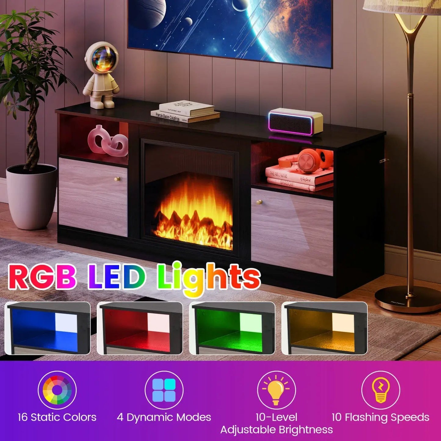65-Inch TV Stand With LED Lighting and Fireplace