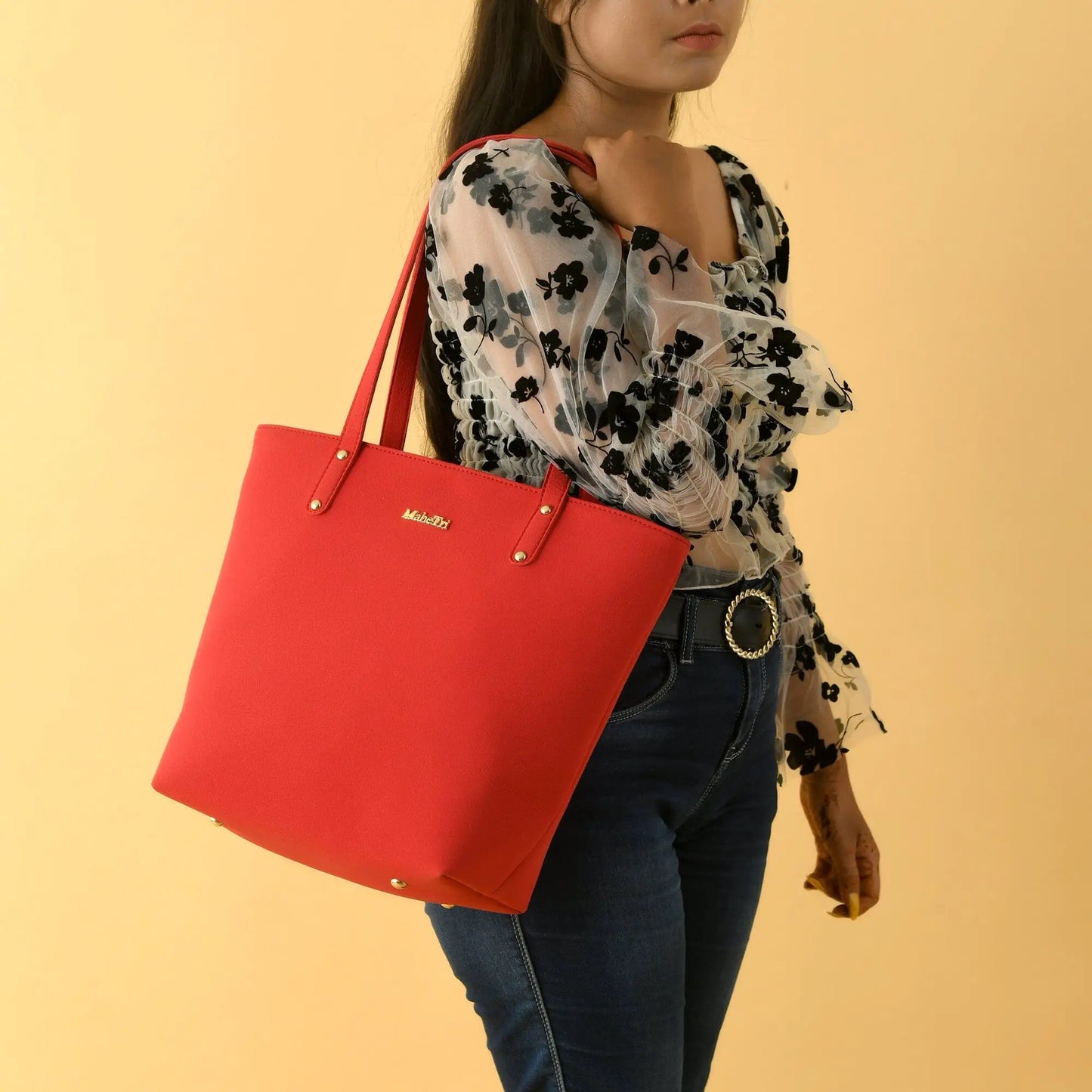 Era vegan leather tote bag coral red with gold-tone hardware by Classy Leather Bags on Tampa Home & Garden Store