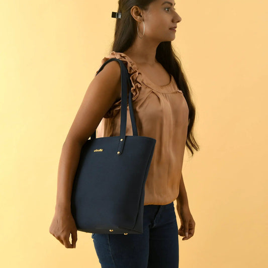 Era vegan leather tote navy blue handbag with gold logo plate by Classy Leather Bags on Tampa Home & Garden Store