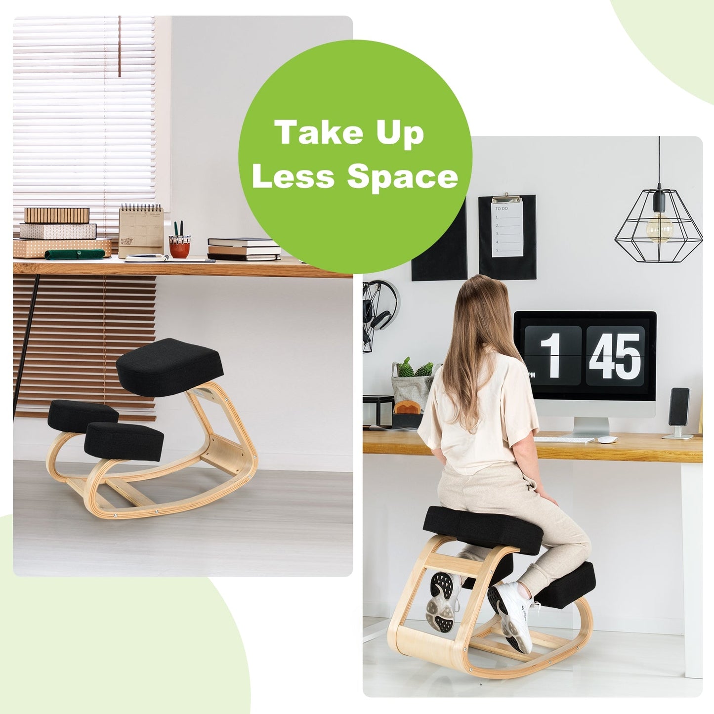 Silla ergonómica de rodillas, mecedora, taburete de oficina, postura recta - Negro