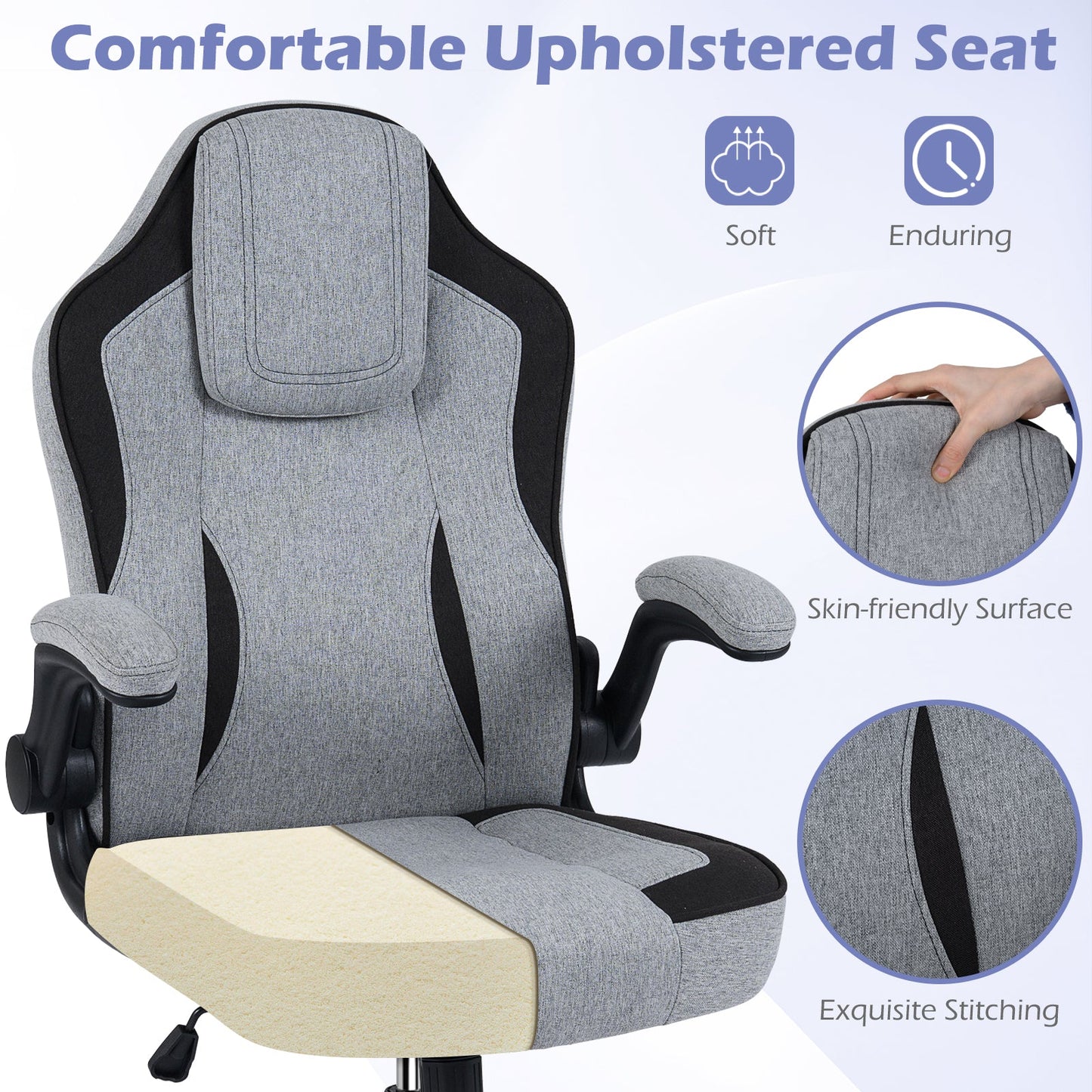 DirectDeals Ergonomic Computer Chair with grey fabric upholstery and 90 flip-up armrests on Tampa Home & Garden Store