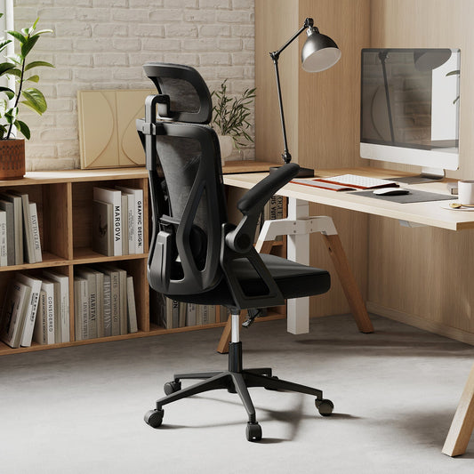 Ergonomic Mesh Office Chair with Adjustable Lumbar Support and Flip-up Armrests-Black - Tampa Home & Garden Store