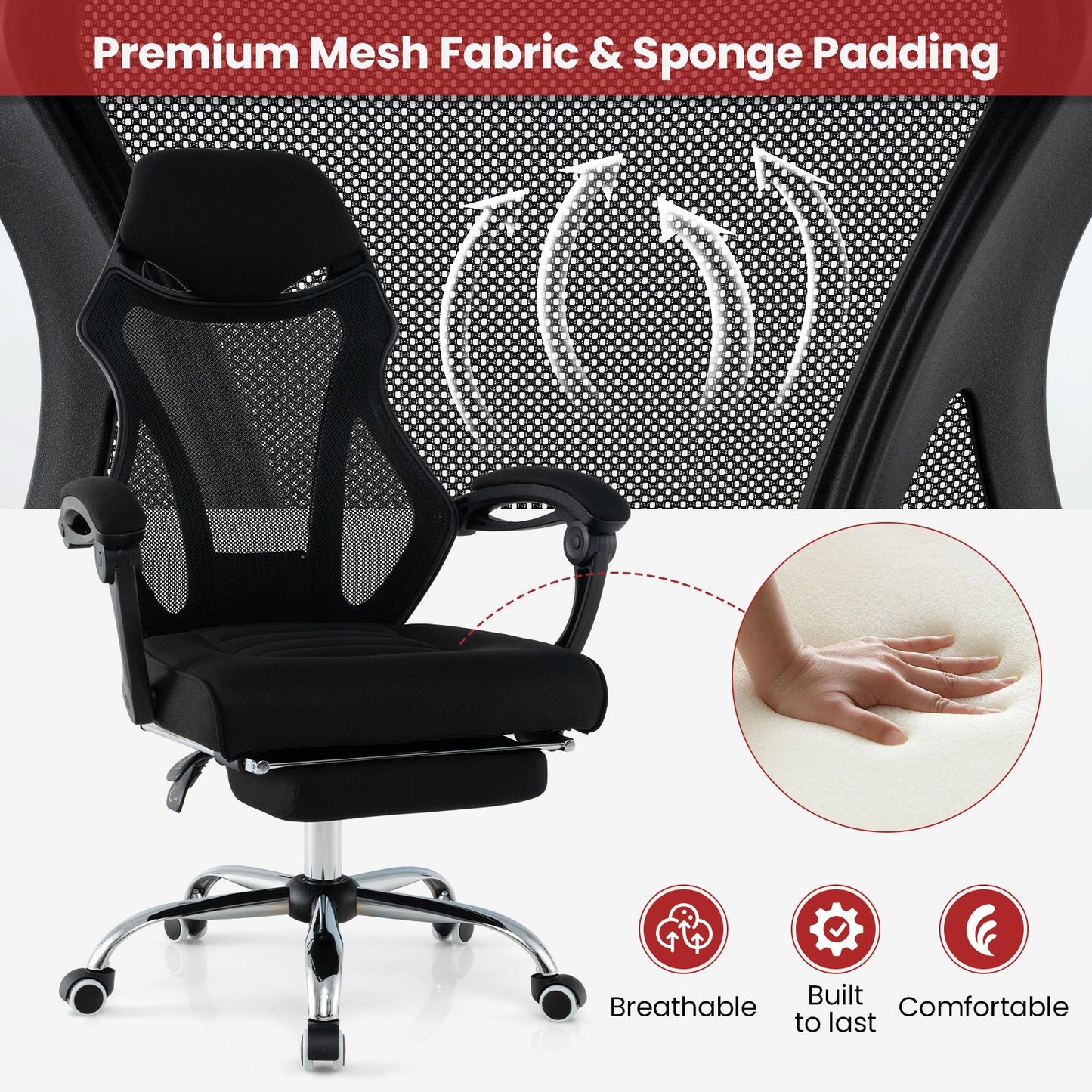 Silla de oficina ergonómica de malla con reposapiés y respaldo reclinable - Negro