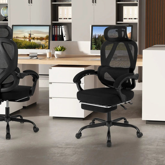 Ergonomic Office Chair With Footrest, black mesh back and headrest, pair around wood desk on Tampa Home & Garden Store