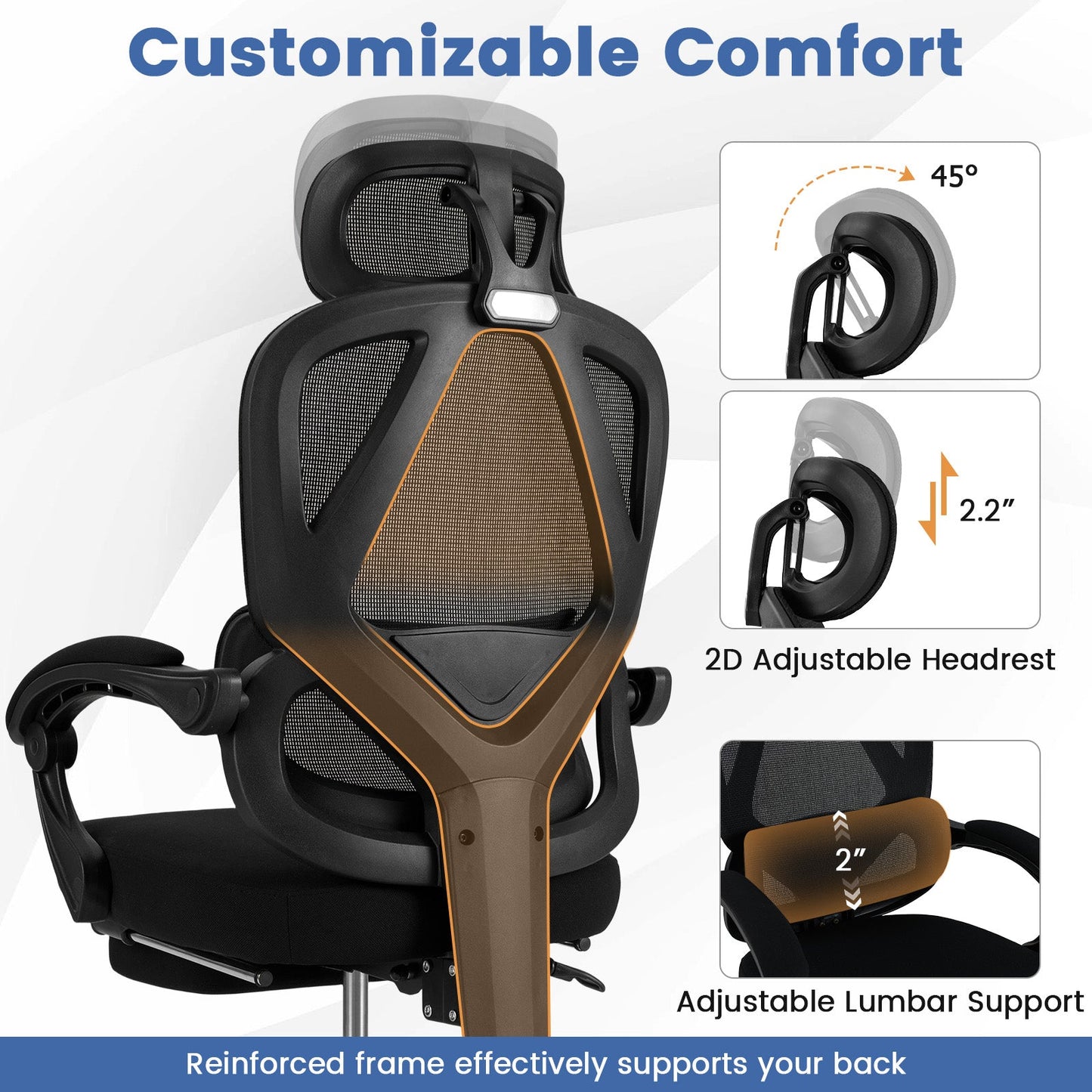 Ergonomic office chair with retractable footrest, black mesh back and brown frame DirectDeals on Tampa Home & Garden Store