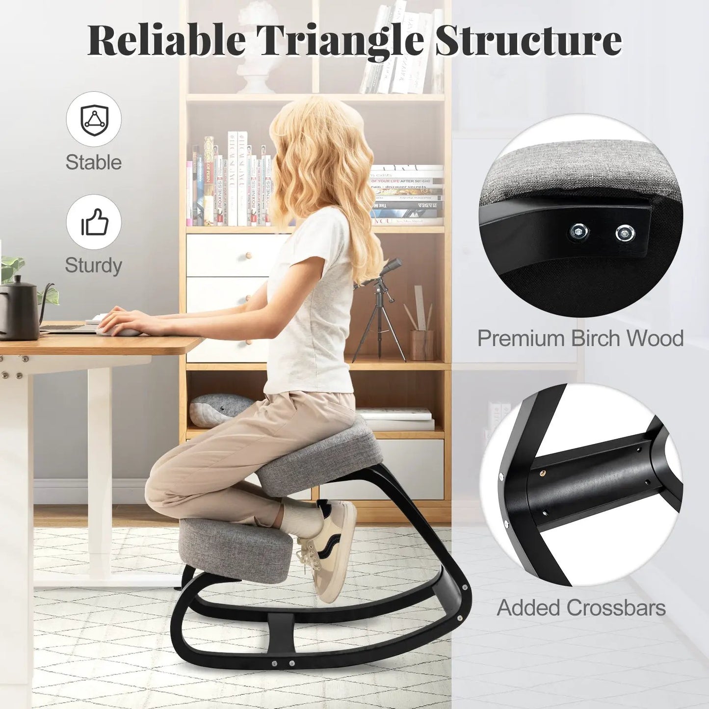 Wooden ergonomic backless kneeling rocking chair with gray padded cushion and curved black base on Tampa Home & Garden Store