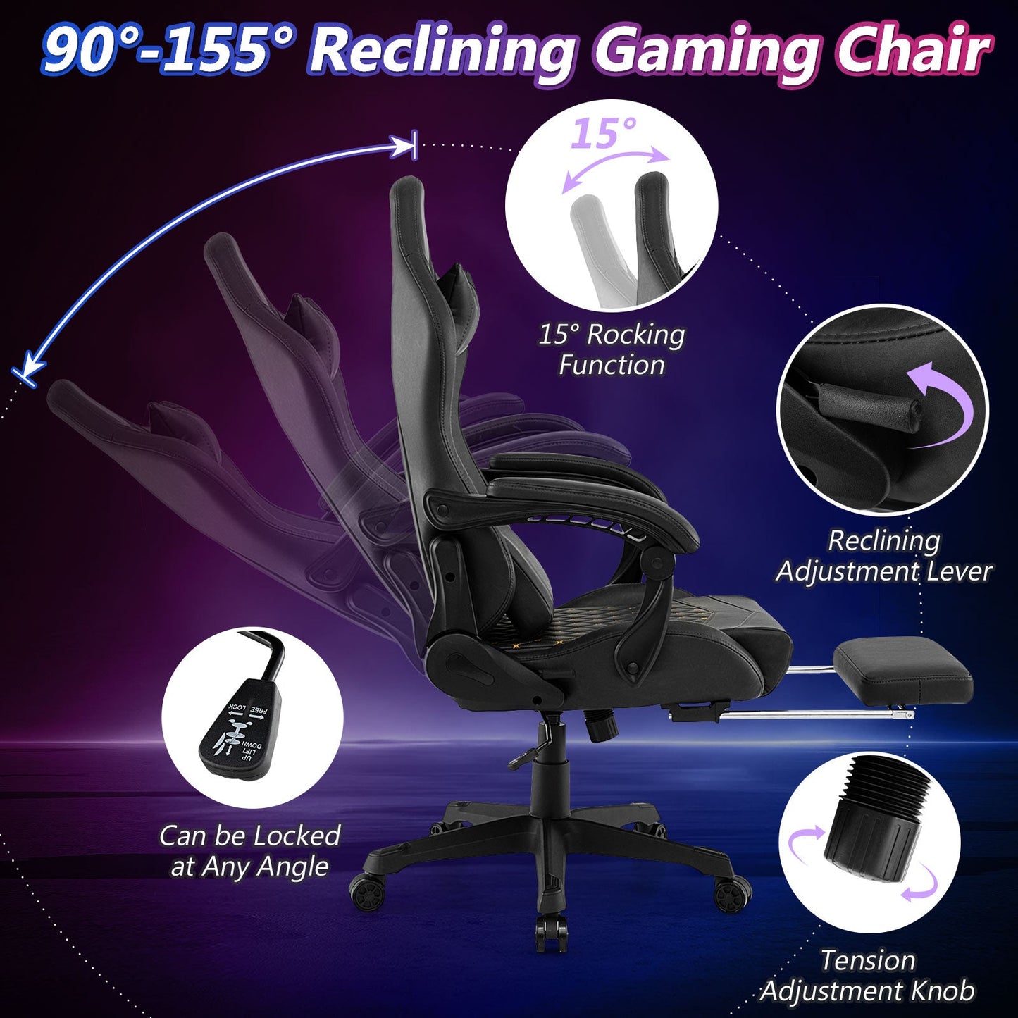 Silla de computadora ergonómica para videojuegos con reposacabezas y almohada lumbar, color negro
