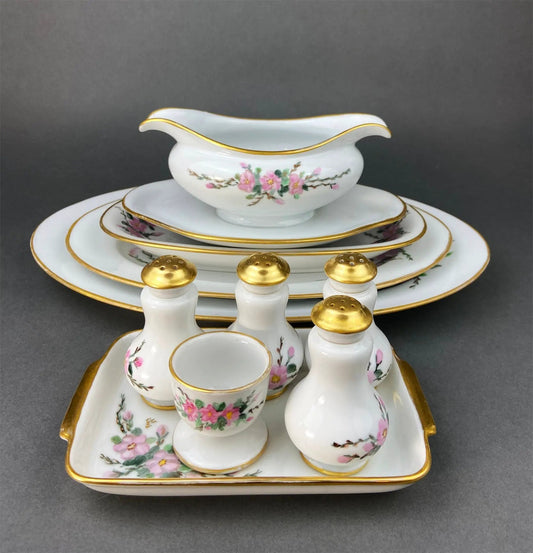 Baronet china serving set with florals and gold trim, sauce boat on stacked plates with tray on Tampa Home & Garden Store