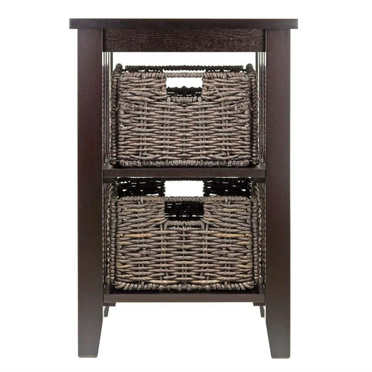 Espresso 3 Tier Accent Table with Baskets, dark finish and woven wicker two storage baskets on Tampa Home & Garden Store