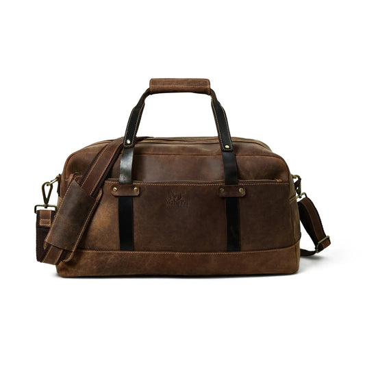 Espresso Elegance leather carry-on duffel with padded brown top handle, dark strap details on Tampa Home & Garden Store