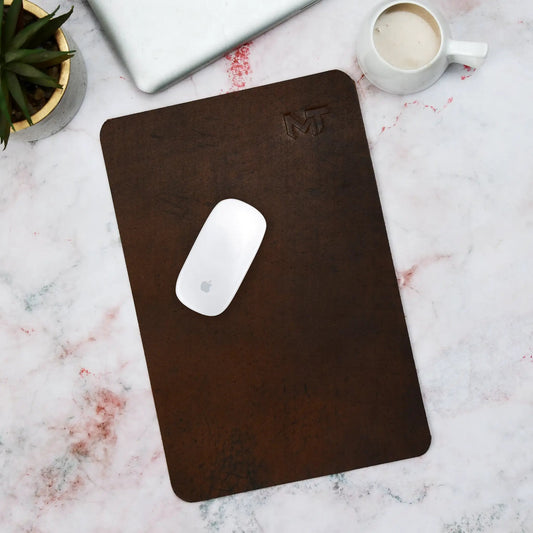 Espresso Elegance Leather desk mat and mouse pad in brown with embossed logo on Tampa Home & Garden Store