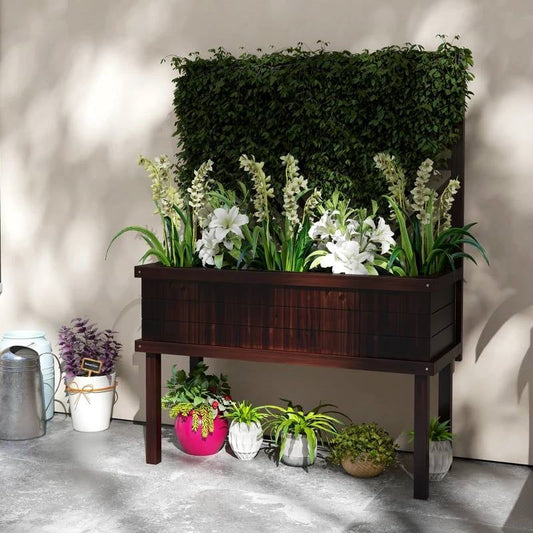 Espresso Fir Wood Elevated Raised Garden Bed With Stylish Climbing Trellis - Tampa Home & Garden Store