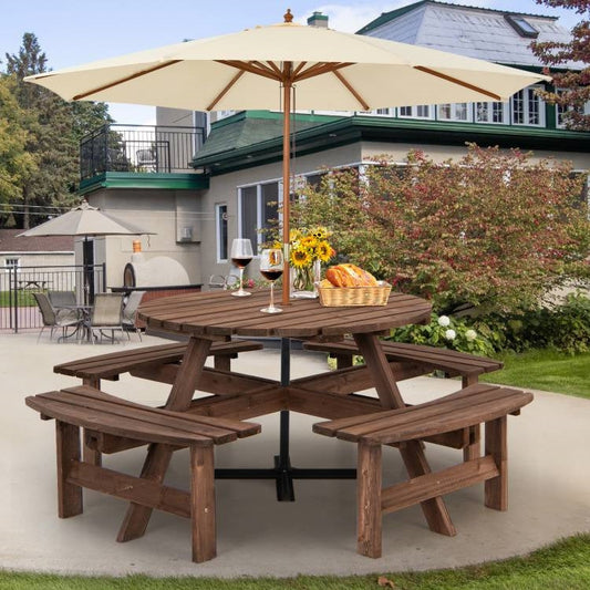 Espresso Wooden 8 Seater Picnic Table Umbrella Hole - Tampa Home & Garden Store