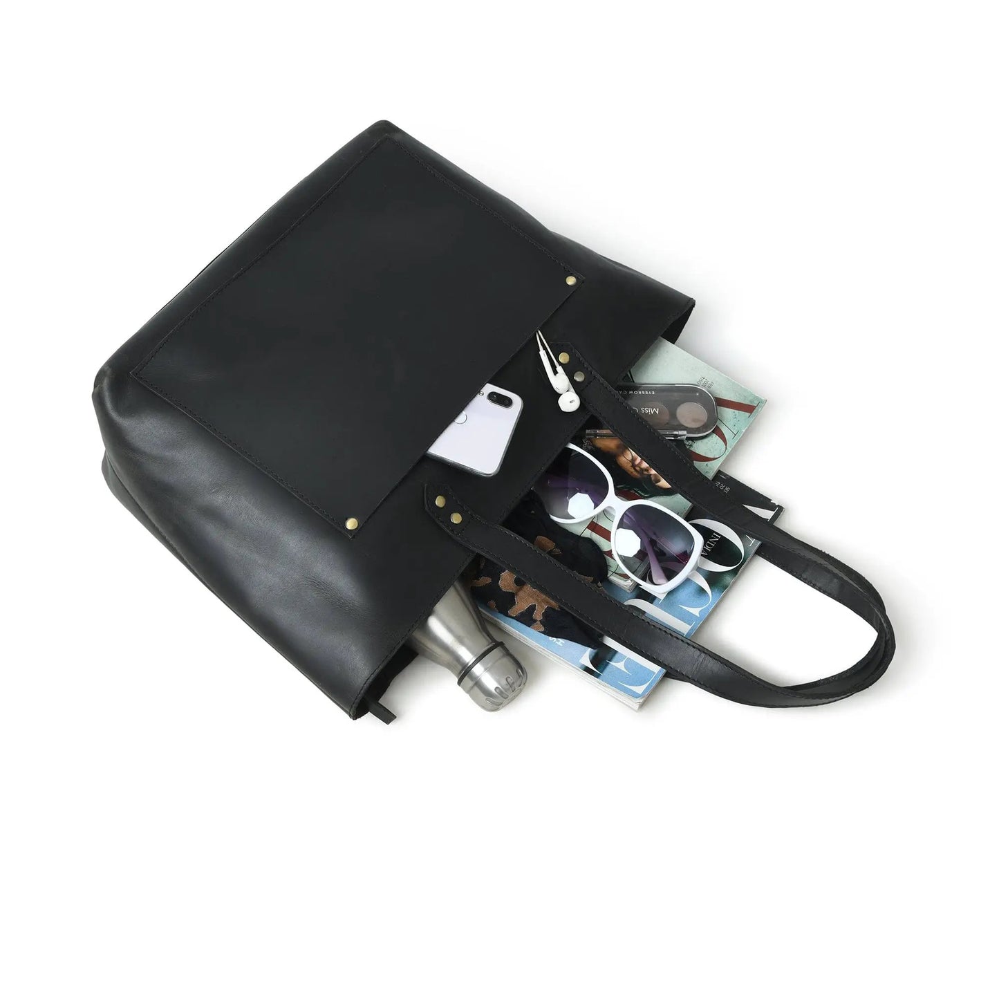 Essential Work Tote in black buffalo leather with pocket rivets, holds sunglasses and phone on Tampa Home & Garden Store