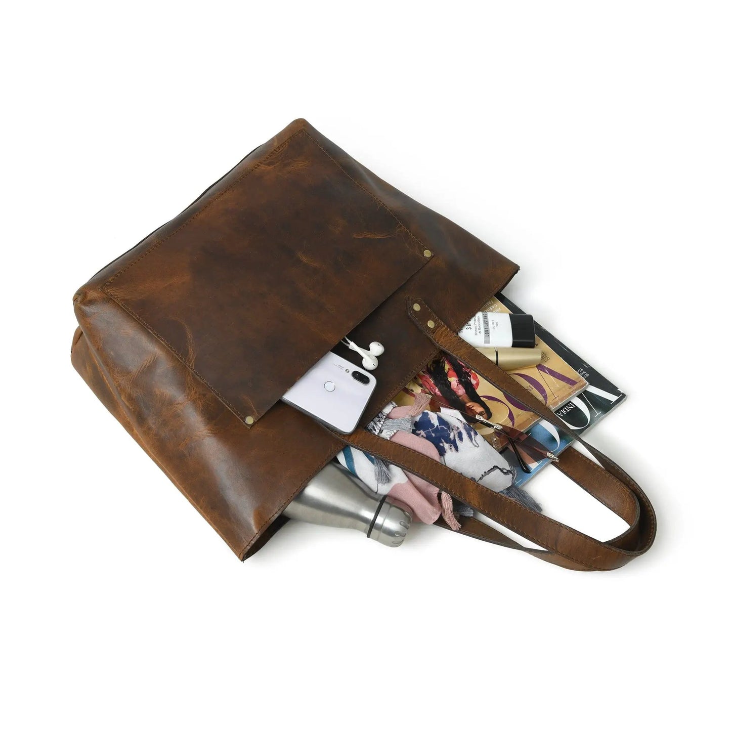 Essential Work Tote in Brown Leather, a leather handbag tote with magazines on Tampa Home & Garden Store