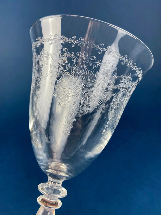 Etched crystal goblets set of six with Persian lotus motif, oversized clear stemware on Tampa Home & Garden Store