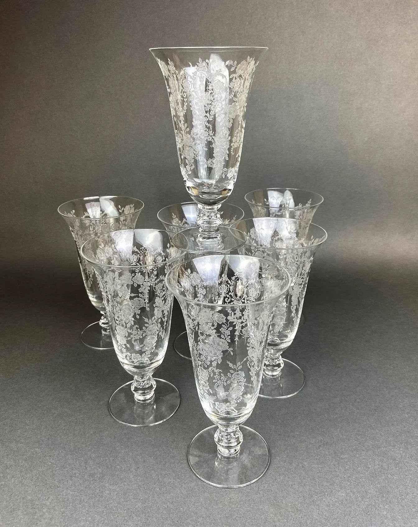 Etched crystal goblets set of six with Persian lotus motif, oversized stemware on Tampa Home & Garden Store