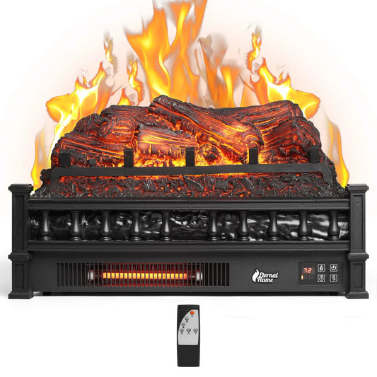 Eternal Flame EF23-PB electric fireplace logs in a black fireplace unit with glowing flames on Tampa Home & Garden Store