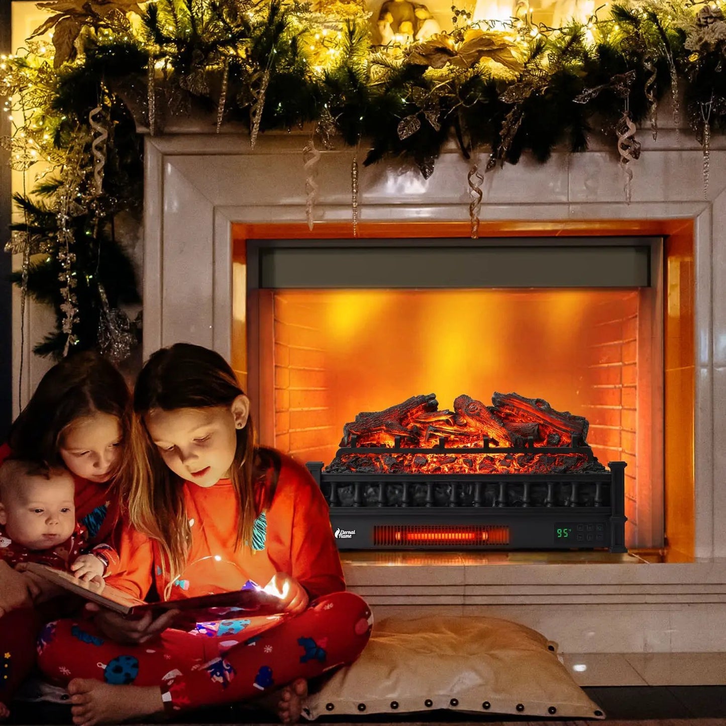 Electric fireplace logs Eternal Flame EF26-LG with warm glowing embers beneath a garland on Tampa Home & Garden Store