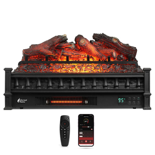Eternal Flame EF26 LG electric fireplace logs embers in a black mantel, wifi remote control on Tampa Home & Garden Store