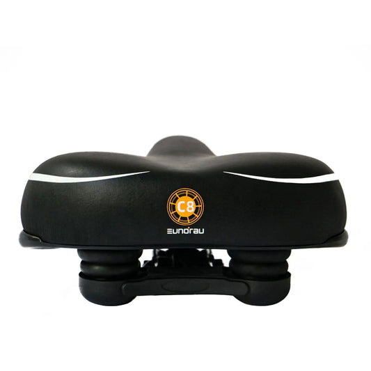 EUNORAU C8 bicycle saddle black with white side stripes and orange C8 logo, branded EUNORAU on Tampa Home & Garden Store